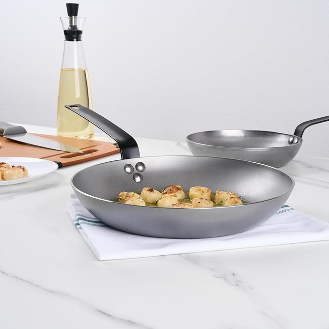 Restaurantware Fry Pan 6 Pack of 11 Inches Carbon Steel Non-Stick Searing Pan With Ergonomic Handle Silver For Sauteing and Omelets