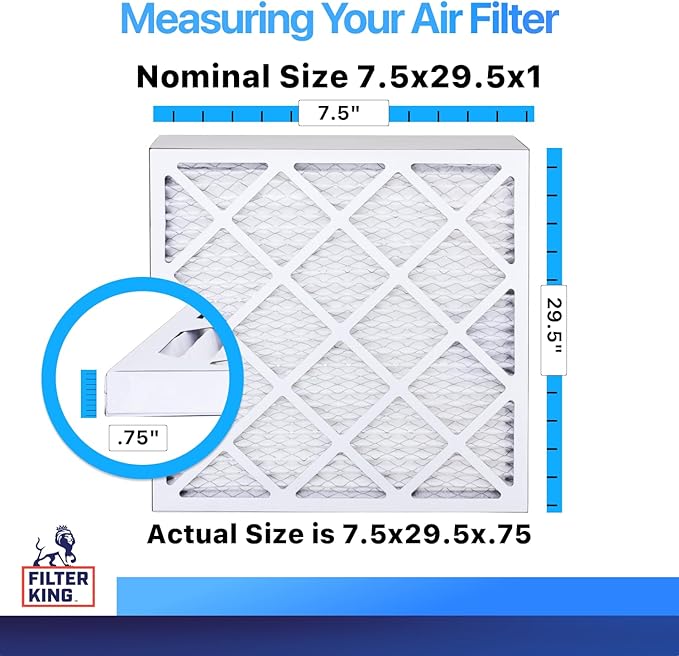 Filter King 7.5x29.5x1 Air Filter | 3-PACK | MERV 8 HVAC Pleated A/C Furnace Filters | MADE IN USA | Actual Size: 7.5 x 29.5 x .75"