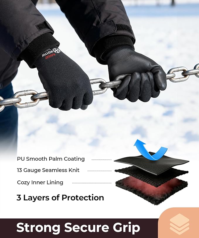 KAYGO Winter Work Gloves for Men and Women, 12 Pairs Thermal Insulated Safety Work Gloves PU Coated, Smooth Grip on Palm & Fingers,Ideal for Freezer Work,Black,M