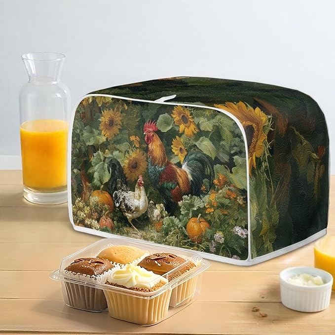 UNICEU Sunflowers Rooster Print Toaster Cover 4 Slice Stain Resistant Oil Protection Dust Cover Washable Kitchen Small Appliance Covers for Bread Maker