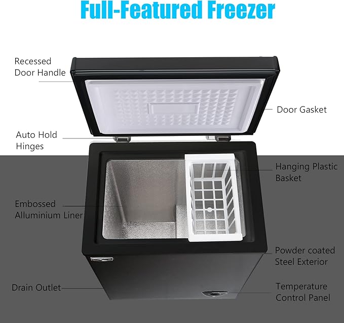 Chest Freezer 5.0 Cu.Ft Black Compact Freezer, Manual Defrost Deep Freezer with Storage Basket, Space-Saving Flat Back, Stay-Open Lid, Side-Access Drain for Home Basement Cottage Business