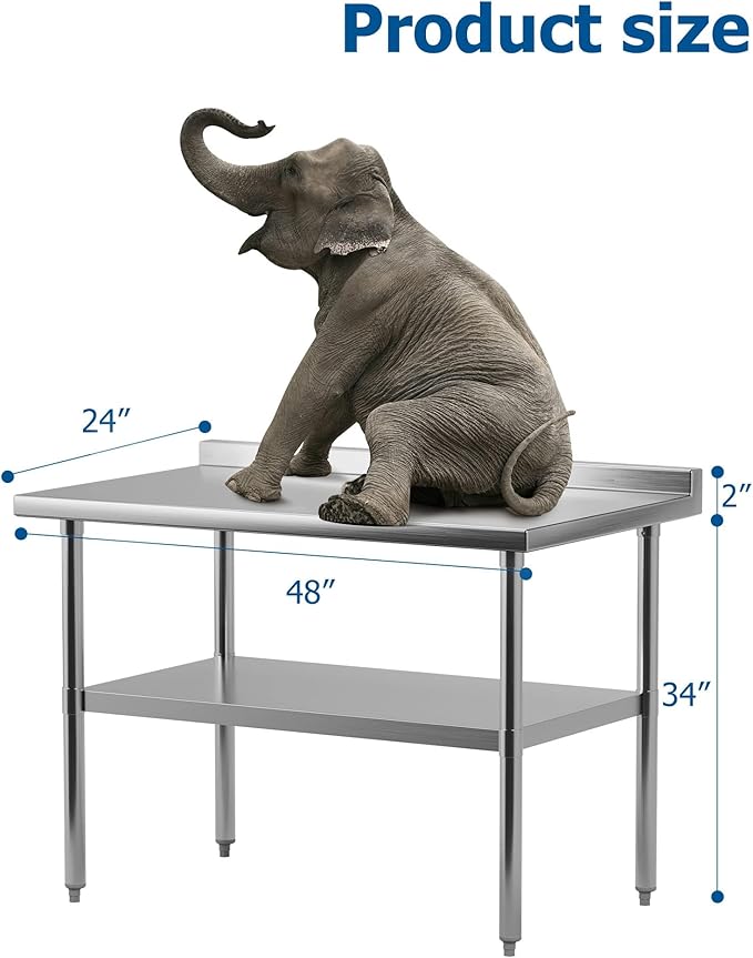 48" x 24" Stainless Steel Work Table NSF Certified Heavy Duty Commercial Kitchen Prep Table with Undershelf & Backsplash for Home, Restaurant, Hotel, Silver