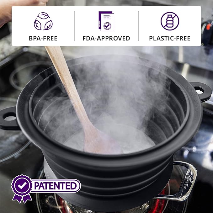L.I.Q Silicone Splatter Guard – Fits 8 and 10 Inch Pots (20 and 25 Centimeters) – Microwave Safe and Durable SplatterDom - Includes 8” Lid - Food and Oil Splash Guard (Chic Metallic, Small)
