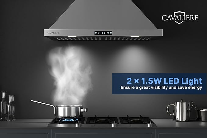 CAVALIERE Digital 462 CFM Wall Mount Range Hood 30 Inch, 3-Year Warranty, Enhanced Stainless Steel, Ducted/Ductless Range Hood Convertible (Kit Included), LED Lights, Baffle Filter, Touch Controls