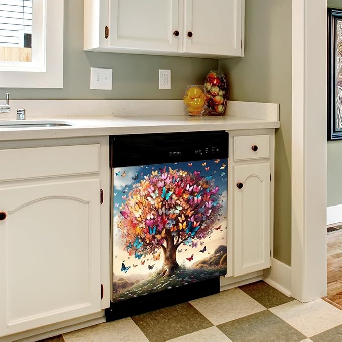 Spring Butterfly Tree Dishwasher Magnet Cover Animal Tree Butterfly Dishwasher Decorative Cover Front Dishwasher Door Cover Reuseable Dishwasher Cover for Kitchen Home Appliances 23" X 26"