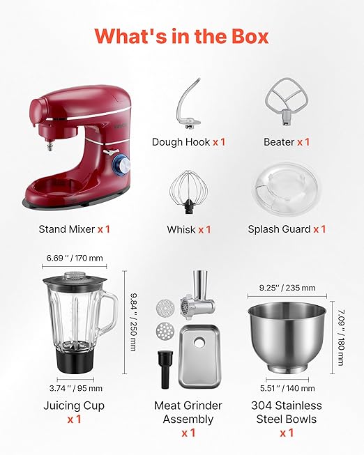 VEVOR Stand Mixer, 6 QT Electric Kitchen Mixer, 660W Dough-Mixer, 6+P Speeds Tilt-head Food-Mixer with 1.6 QT Blender Cup, Stainless Steel Bowl, Dough Hook, Whisk, Beater, for Baking, Mixing, Red