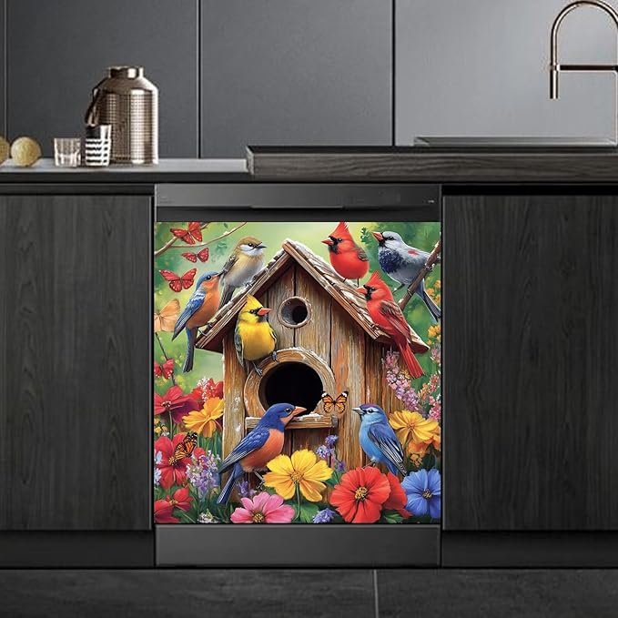 Spring Garden Birdhouse Dishwasher Magnet Cover,Pastoral Flowers Butterfly Magnetic Dishwasher Cover Vinyl Sticker,Fridge Door Cover Magnets Art Skin Panel Decal,Home Decor Decal,23"X26"
