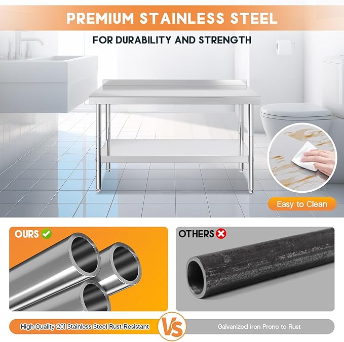 Jocisland 24" x 60" Stainless Steel Table for Prep & Work with Backsplash, Adjustable Under Shelf & Safe Design for Restaurant, Home and Outdoor