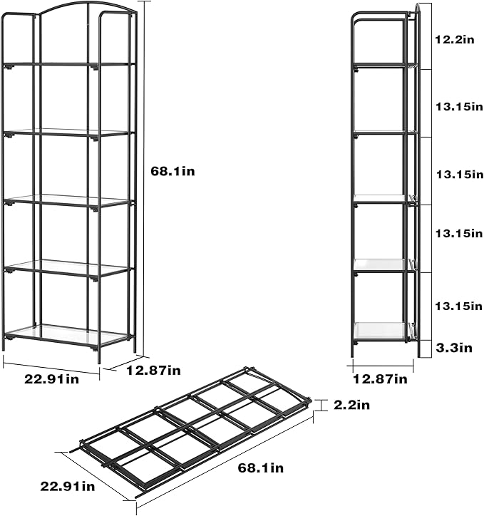 Crofy No Assembly Folding Bookshelf for Living Room, 5 Tier Black Collapsible Book Shelf for Home Office, Portable Bookcase Storage Organizer