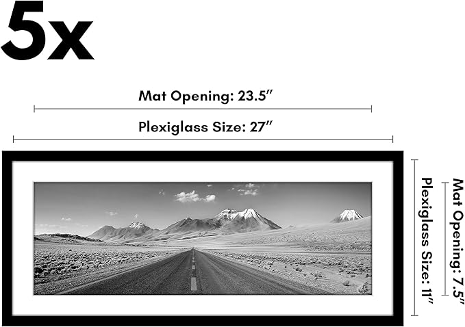 Americanflat 11x27 Picture Frame with Polished Plexiglass - Set of 5 - Use as 8x24 Frame with Mat or Display 11x27 Photo Without Mat - Galleria Collection - Picture Frames for Wall Display - Black