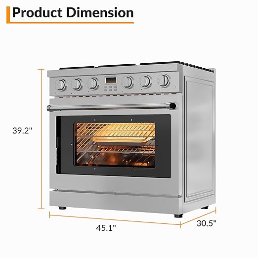 36 Inch Freestanding Dual Fuel Range Oven Stove, 6.0 Cu.Ft. Large Capacity, Professional-Grade True Convection & Self-Clean Oven, High-Powered 6 Sealed Gas Burner Cooktop, Stainless Steel