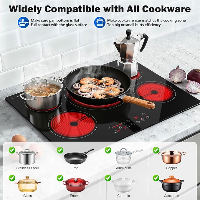 SNDOAS Electric Cooktop 30 inch,9000W 5-Burner Built-in Electric Stove Top with Ceramic Glass & 9 Power Levels,240V Hardwired,Child Lock & Overheat Protection,30" for Standard Countertop Cutout