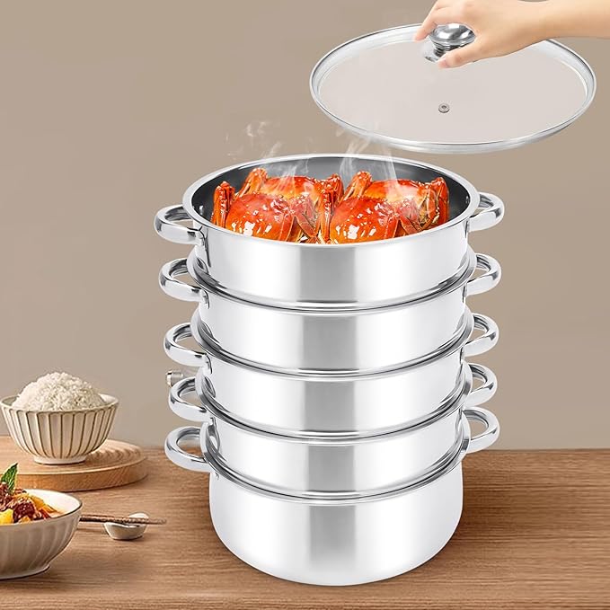 Steamer 28cm/11.02in, 5-tier Stainless Steel Steam Cooker w/Clear Glass Lid & Handles, Home Round Stackable Multipurpose Steam Pot for All Stoves, 13.77 * 15.35in (1xBottom Pot, 4xSteaming Baskets)