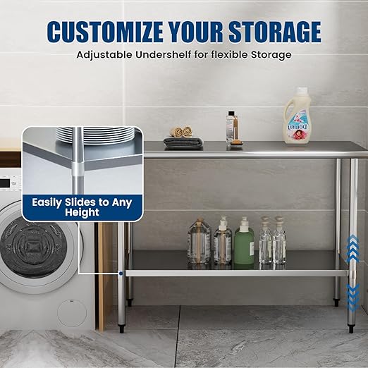 Stainless Steel Work Table 30 x 60 Inch with Adjustable Undershelf, Heavy-Duty Metal Prep Table for Commercial Kitchen & Restaurant, Garage, Outdoor