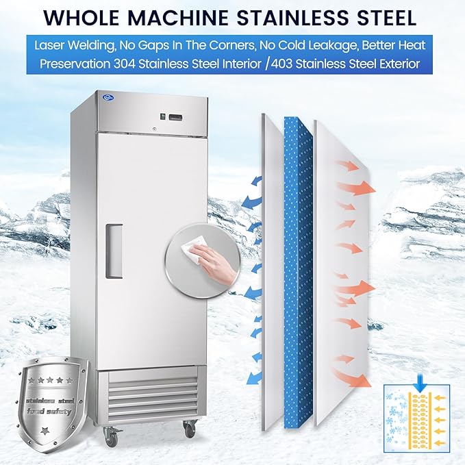 Commercial Freezer, 27"W Commercial Refrigerators, 23 Cu.Ft Commercial Reach in Stainless Steel Freezer, Commercial Freezer Upright with 4 Shelves for Restaurant, Bar, Supermarket