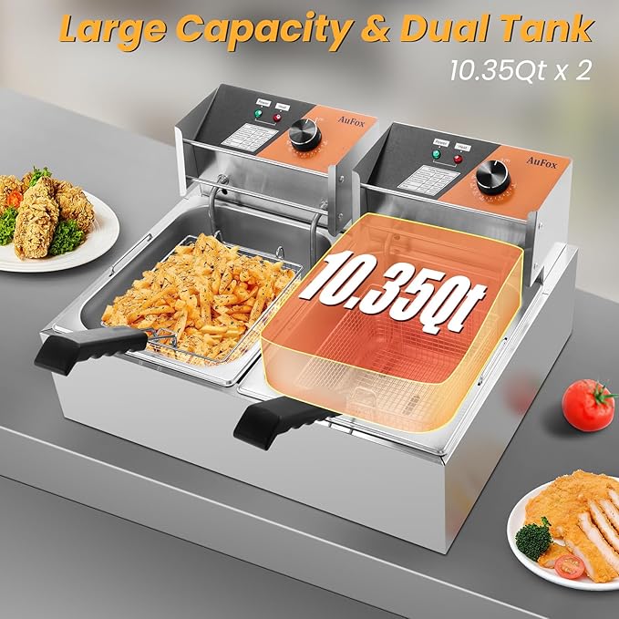 Commercial Deep Fryer 20.7Qt/20L Dual Tank Deep Fryers with Baskets 0.8mm Thickened Stainless Steel Electric Countertop Fryer with Adjustable Temperature, 1700w x2, 110v