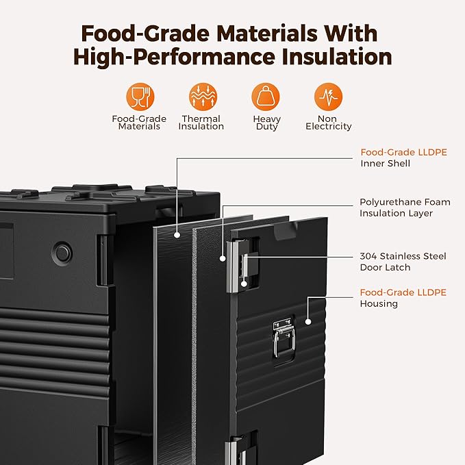 127QT Non-Electrical Catering Food Warmers with Casters, 304 Stainless Steel Latch & Door Shaft, Insulated Food Carrier for 8 Full-Size Pans(NOT Included), Food Warmer Hot Boxes for Catering