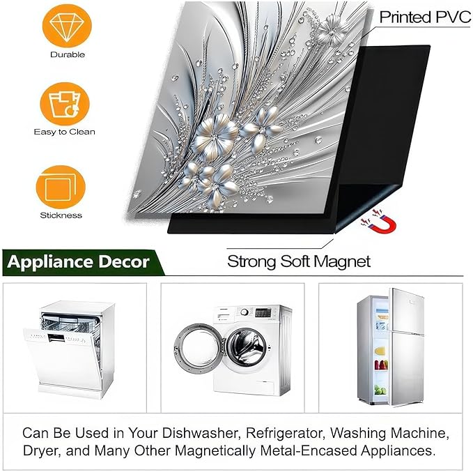 Flowers Dishwasher Magnet Cover 23x26 Inch Silver Floral Refrigerator Sticker Washer Kitchen Decor Floral Magnets Sticker Refrigerator Magnets Decor Panel Kitchen Appliances Art Decor