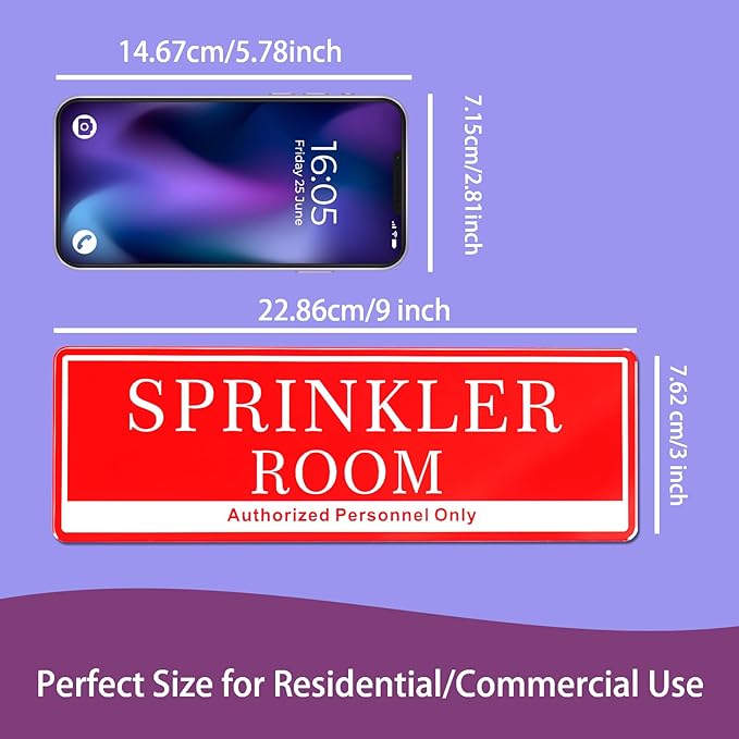 Sprinkler Room Sign – Acrylic Red & White Door Sign with Rounded Corners, Durable Fire Safety & Plumbing Signage for Buildings, Construction Sites, Fire Dept Use | 9x3 Inch | Self-Stick |