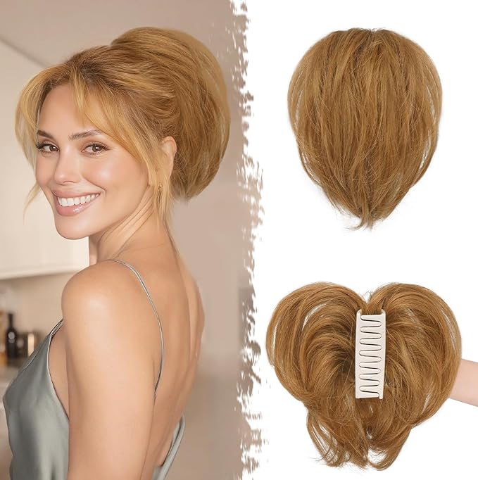 BARSDAR Claw Clip Short Human Hair Ponytail Extension with Bendable Metals - DIY 8 Inch Real Human Hair Auburn Brown Messy Bun Hairpieces for Women - Thick Natural Short Ponytail Daily Wear