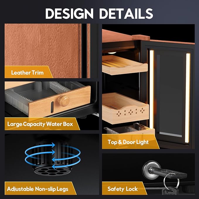 Tylza Leather Trim Cigar Humidor, 70L Cigar Humidor Cabinet with Auto Humidity & Temp Control, 550 Counts, 3 LED Lights, Spanish Cedar Wood, Cigar Humidors with Safety Lock, Gifts for Men