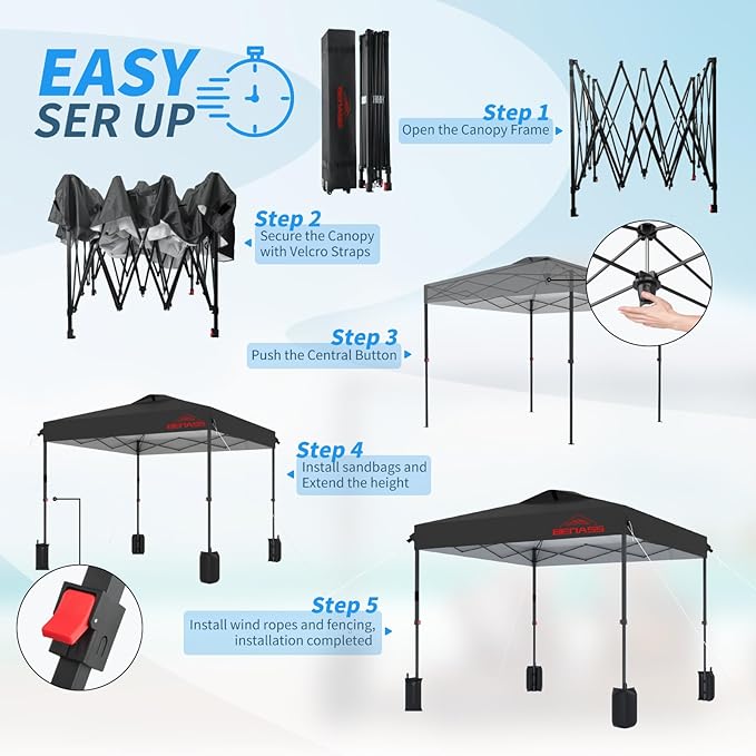 8x8 Pop Up Canopy, Easy Up Canopy Tent, Heavy Duty Tents for Parties, One Person Set Up Event Tent, Black