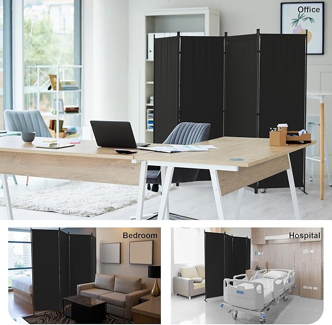 Room Divider 4 Panel Partition Room Dividers & Folding Privacy Screens w/ 3 Metal Feet 6FT Portable Wall Doubles as a Dressing Screen Portable Wall for Office Kitchen Children's Room,Black