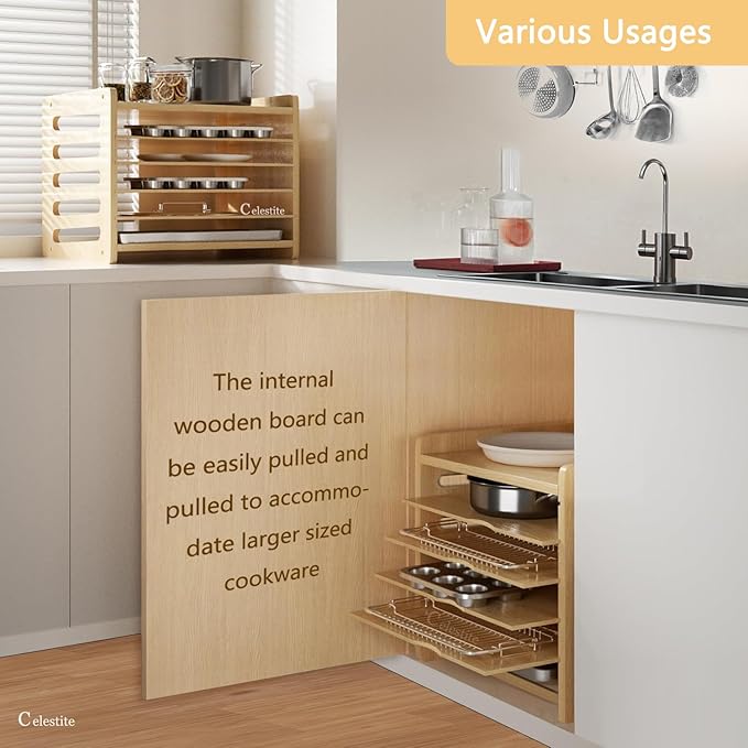 celestite Wooden Tray Dividers for Cabinets, Cookie Sheet Organizer for Cabinet, Baking Sheet Pan Organizer for Kitchen Organizers and Storage (6 Tier 12.4" Wx14.1 Hx16.7 D)
