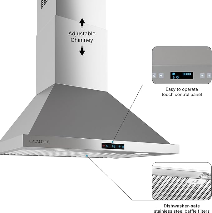 CAVALIERE Digital 462 CFM Wall Mount Range Hood 30 Inch, 3-Year Warranty, Enhanced Stainless Steel, Ducted/Ductless Range Hood Convertible (Kit Included), LED Lights, Baffle Filter, Touch Controls