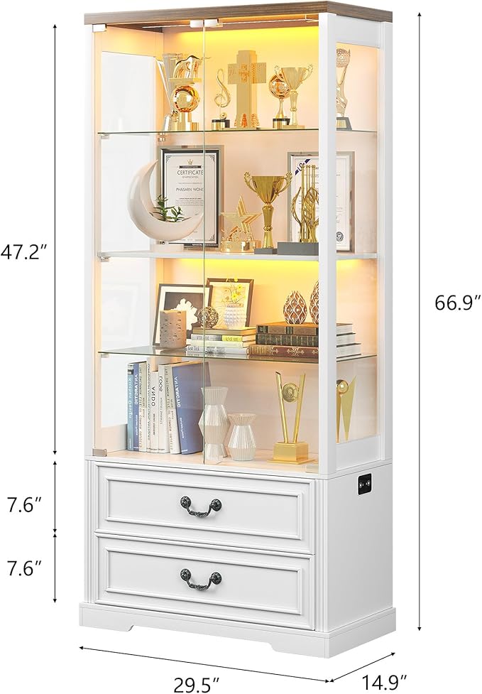 Glass Display Cabinet with Door, 4-Tier Curio Cabinet with 2 Drawers and Adjustable Glass Height Showcase, Display Case with 3 LED Light and Human Body Sensor, White