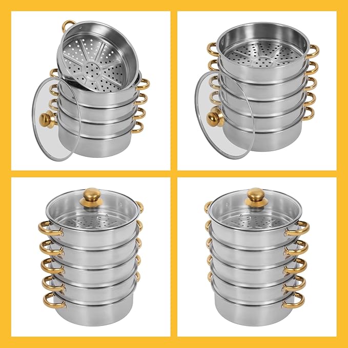 Steamer 26*42cm/10.24*16.54in, 5-tier Stainless Steel Steam Cooker w/ Clear Lid & Gold Anti-scald Handles, Home Stackable Multipurpose Steam Pot for All Hobs (1x1.32Gal Bottom Pan, 4xSteamer Baskets)
