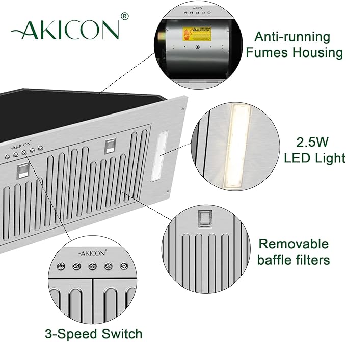 Range Hood Insert/Built-in 36 inch,Ultra Quiet Powerful Vent Hood with LED Lights, 3 Speeds 600 CFM, Stainless Steel - Akicon