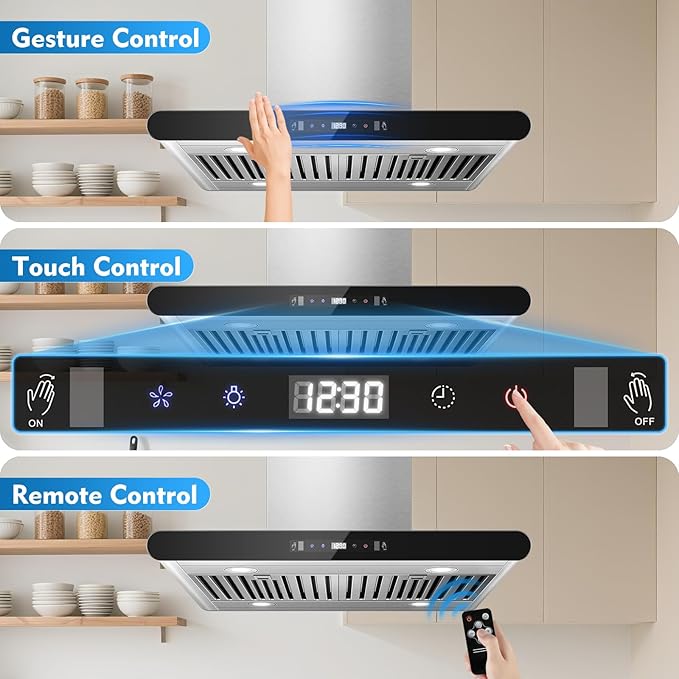 Tiesay Island Range Hood 30 inch, 700 CFM Dual-Sided Ceiling Mount Vent Hood, Convertible Ducted/Ductless, Touch,Gesture & Remote Control, 3-Speed Fan, 4 LED Lights, Stainless Steel