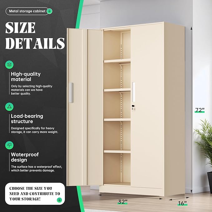 Oakmont Metal Storage Cabinet for Tool Organization, 72" Lockable Garage Storage Cabinets with 2 Doors and 4 Adjustable Shelves, Locking File Cabinet for Office, Home, School (72“ Standard-Ivory)