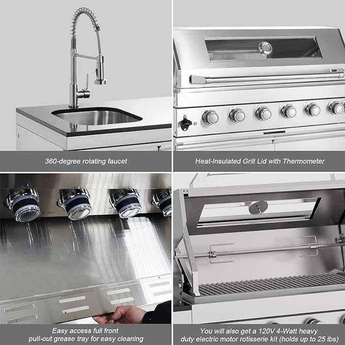 Outdoor Kitchen Island, 95.5 Inch 85000 BTU Gas Grill Combination With Refrigerator and Sink, Outdoor Stainless Steel Barbecue Bar, 6 Burner Propane Grill for Patios, Gardens, Parties