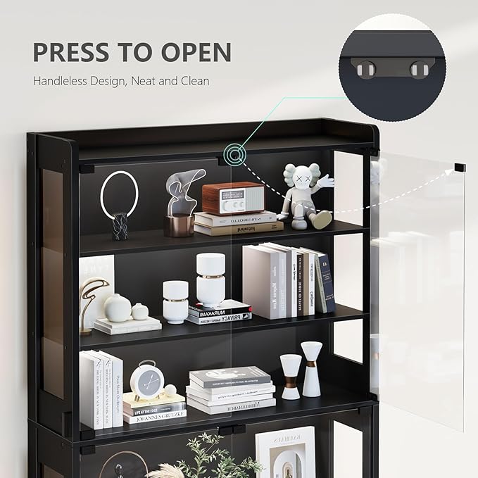 Glass Display Cabinet 69''H with LED Lights, 5-Tier Showcase with Drawers, Collectible Figure Display Case, Freestanding Curio Cabinet, Tall Storage Shelves, Black, 39.4''W