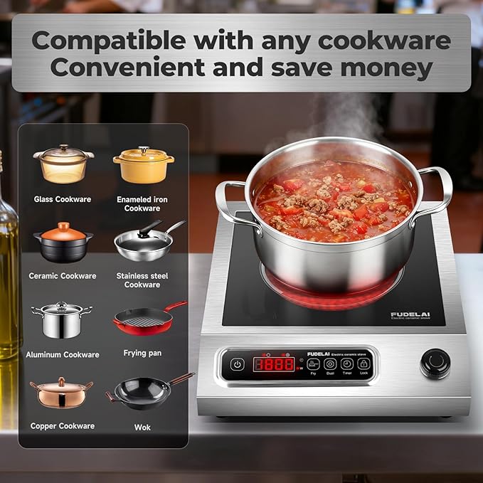 1800W Commercial Grade Electric Cooktop with 9 Power Levels - Electric Burner with EUROKERA Micro-Ceramic Panel, Infrared Cooktop with Timer, Safety Lock, For Restaurant, Home Kitchen Use