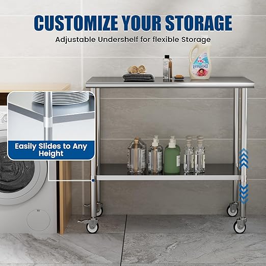 Stainless Steel Work Table with Wheels, 24x48 Inch NSF Kitchen Prep Table with Adjustable Undershelf for Commercial Restaurant, Garage, Outdoor BBQ