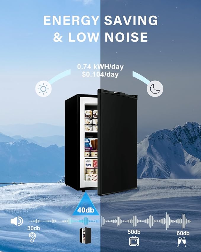 3.0 Cu.ft Upright Freezer - Compact Mini Freezer with 7 Adjustable Thermostat, Removable Shelves, Reversible Single Door, 360°Uniform Cooling Small freezer for Home Office Kitchen Dorm, Black
