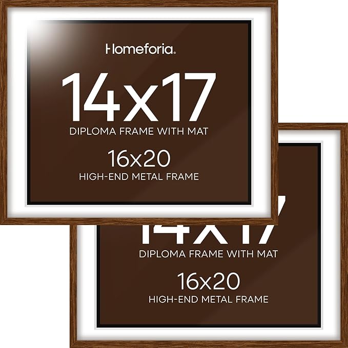 Homeforia 16x20 Diploma Brown Frame, High End Dark Oak 20x16 Certificate Wood Frame with Mat 14x17, 16 x 20 Walnut Wooden Graduation Degree Frame Matted to 14 by 17, Tempered Glass, Wall Kit, Set of 2