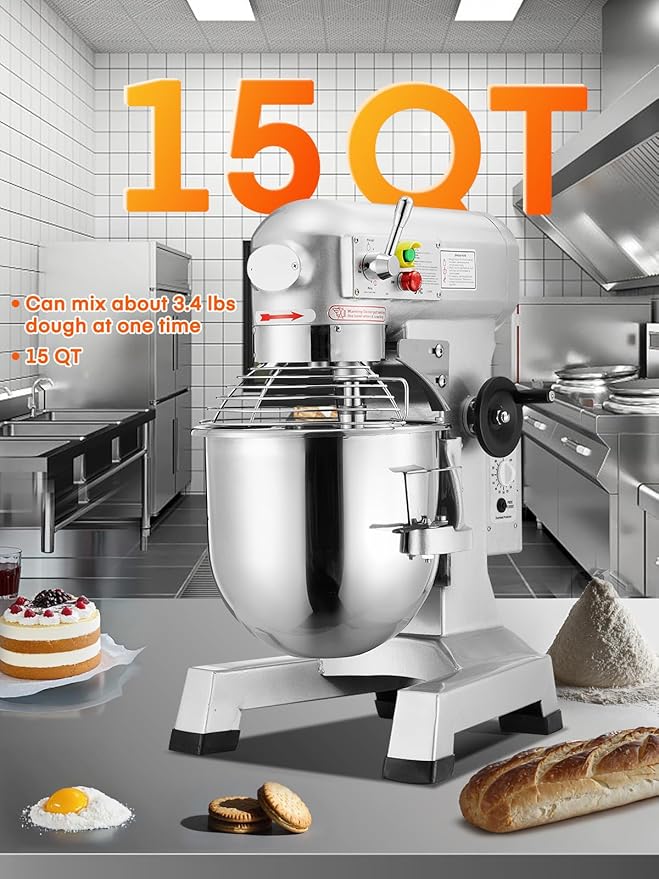 Commercial Mixer, 15/30QT Commercial Food Mixer, Dough Mixer with Stainless Steel Bowl, 3 Speeds Adjustable and Safety Guard, Dough Hook Whisk Beater Included, Ideal for Bakery Pizzeria (15QT)