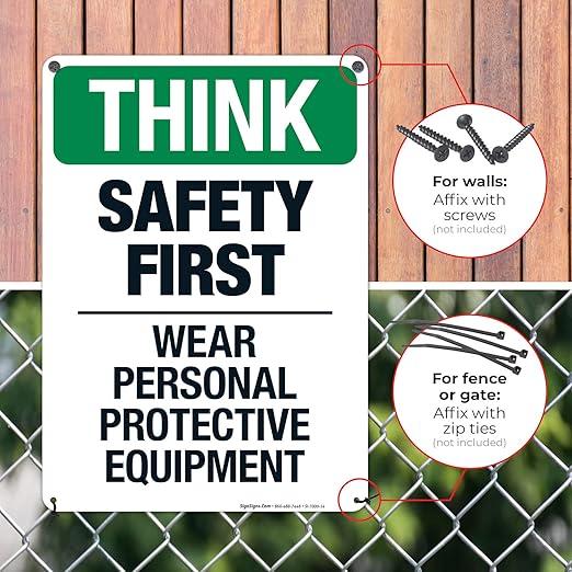 Think Safety First Wear Personal Protective Equipment Sign, 10x14 Inches, 55 mil Thick HDPS (high Density polystyrene), Made in USA