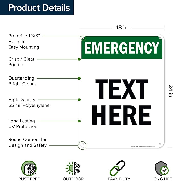 Custom Emergency Sign, OSHA Sign, 18x24 Inches, 55 mil thick HDPE (high density polyethylene), Made in USA by My Sign Center