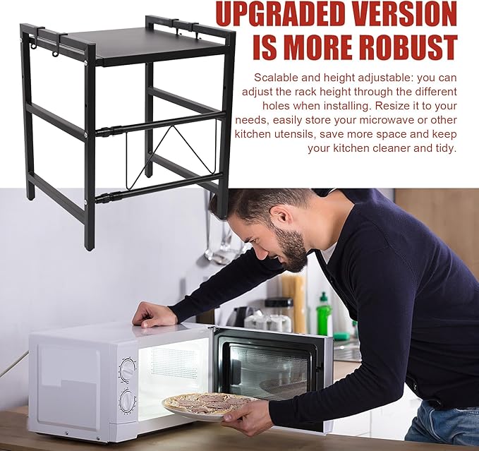 Expandable Microwave Oven Rack, 2-Tier Adjustable Kitchen Countertop Shelf, Toaster Rack Heavy Duty Stand Organizer
