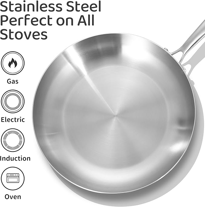 LOLYKITCH 9.5 Inch Tri-Ply Stainless Steel Frying Pan,Skillet,Induction Cooking Pan,Dishwasher and Oven Safe,Detachable Handle.
