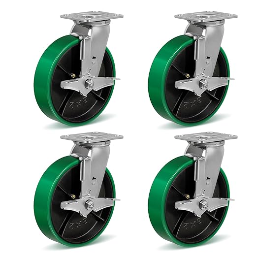 8" Heavy Duty Casters, Casters Set of 4 Total Capacity 6000 lbs- Polyurethane on Steel wheel, Industrial Casters for Carts Pallet Trucks(4 Pack Brake)