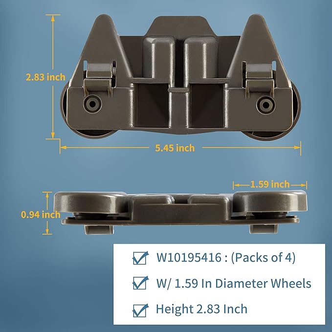 UPGRADED W10195416 (Packs of 4) , Resistant to Rust Dishwasher Wheels Lower Rack for Kitchenaid Whirlpool Maytag Kenmore. Dishwasher Rack Parts W10195420 AP5983730 W10579095A Replacement Wheels
