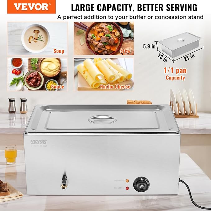 VEVOR Commercial Food Warmer, 1 Pan 24QT Electric Steam Table, 1200W Professional Countertop Stainless Steel Buffet Bain Marie with 86-185°F Temp Control for Catering and Restaurants, Silver