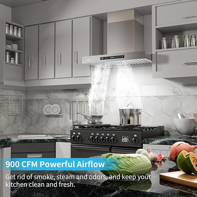 IKTCH 36 Inch Wall Mount Range Hood with 900 CFM, 4-Speed Fan, Ducted Range Hood, Gesture Sensing & Touch Control, Durable Stainless Steel IKP01-36