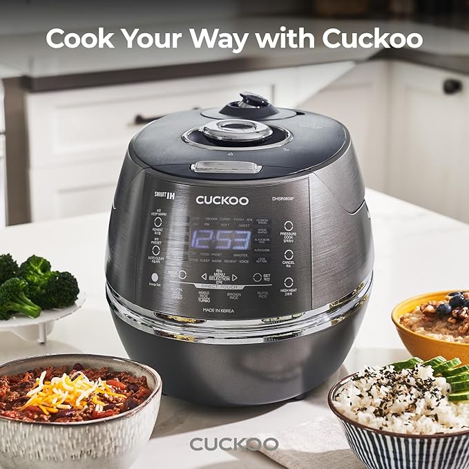 CUCKOO High Pressure Rice Cooker 6-Cup Uncooked / 12-Cup Cooked with Induction Heating Technology, Versatile Rice Maker with 21 Menu Options and Steam Plate, Voice Guide, Dark Gray (CRP-DHSR0609FD)